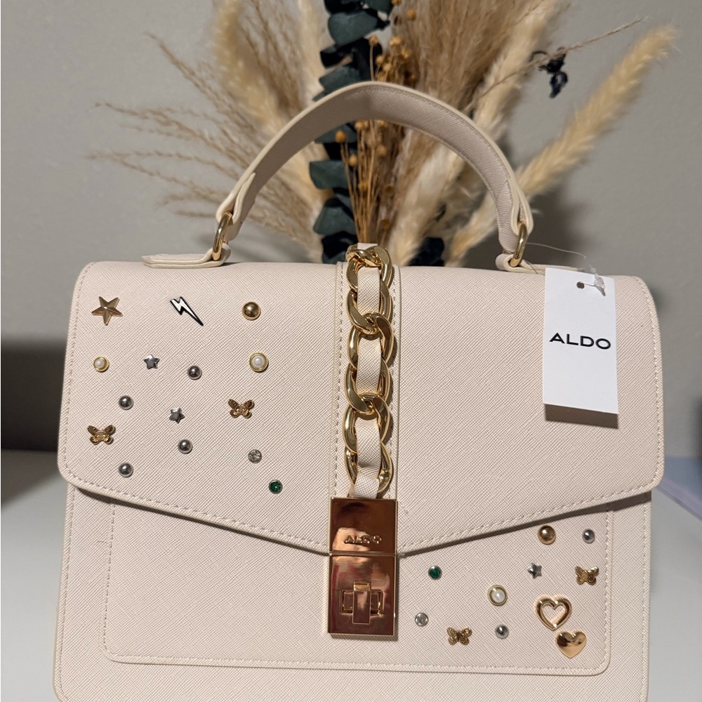 ALDO Cream Studded Top-Handle Satchel with Gold Chain